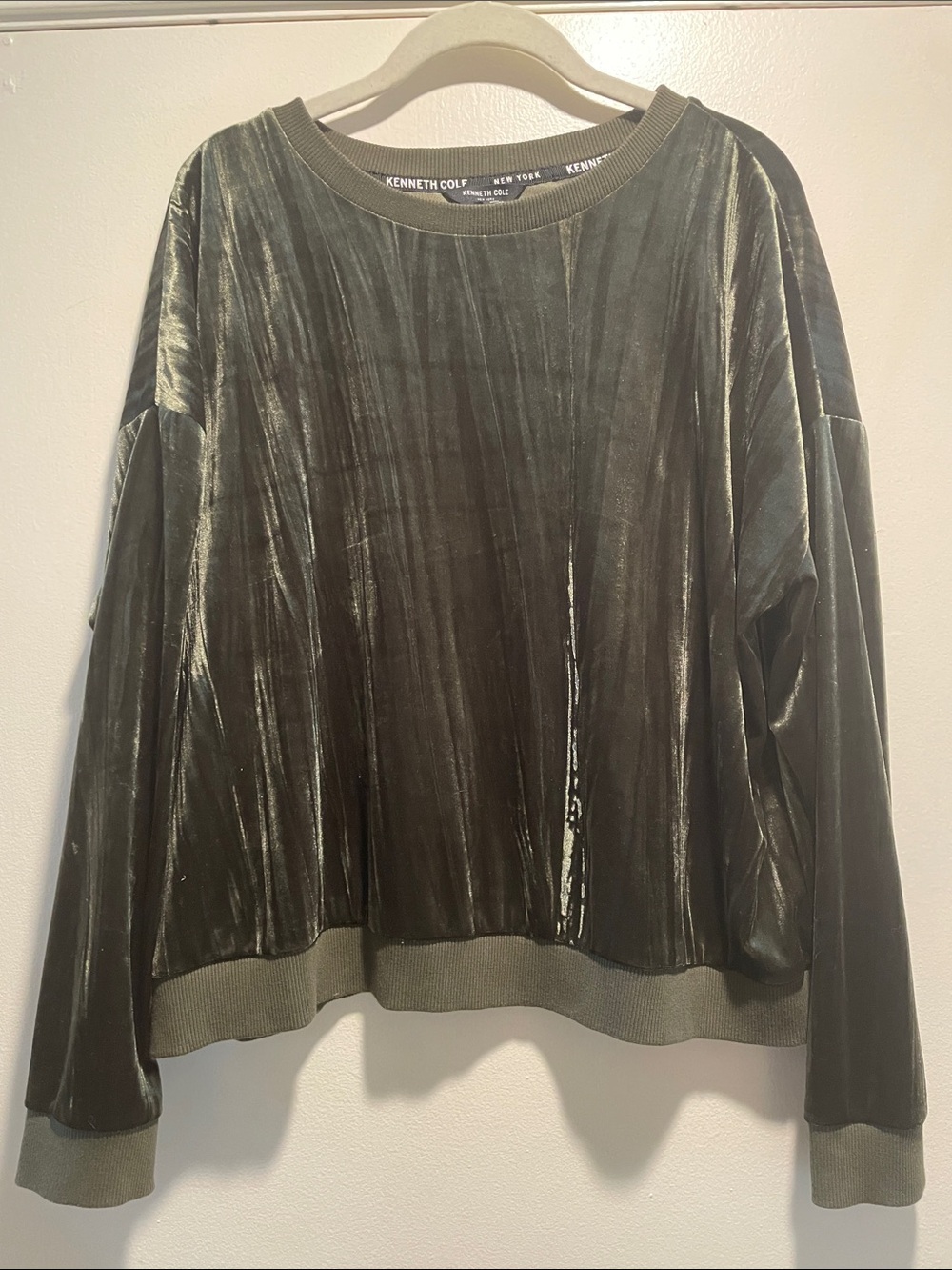 Kenneth Cole Shimmery Olive Green Velvet Pullover